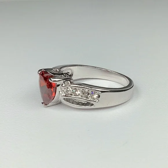 Red CZ Heart Ring With Clear Accent Stones, Silver Color, Size 7, Love - Picture 3 of 6